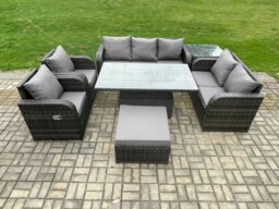 Rackhams 8 Seater Rattan Outdoor Dining Set with Height Adjustable Lifting Table, Reclining Chair, Side Table & Footstool - Dark Grey Mixed - thumbnail 3