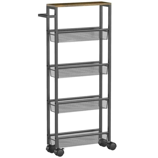 Rackhams Slim Storage Trolley, 5-Tier Kitchen Cart on Wheels with Wood-effect Top, Handle for Living Room, Bathroom, Black