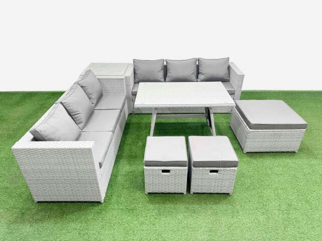 Rackhams Rattan Garden Furniture Dining Set 9 seater Patio Rectangular Table 3 Seater Sofa Set with Side Table 3 Stools Light Grey - image 1