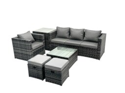 Rackhams Rattan Garden Furniture Set 6 Seater Patio Lounge Sofa Set with Armchair Square Coffee Table Side Table 2 Small Footstools Dark Grey Mixed - thumbnail 2