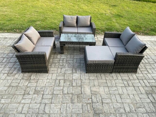 Rackhams 7 Seater Rattan Wicker Garden Furniture Patio Conservatory Sofa Set with Coffee Table Double Seater Sofa Big Footstool - image 1