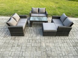 Rackhams 7 Seater Rattan Wicker Garden Furniture Patio Conservatory Sofa Set with Coffee Table Double Seater Sofa Big Footstool - thumbnail 1
