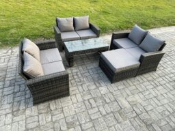 Rackhams 7 Seater Rattan Wicker Garden Furniture Patio Conservatory Sofa Set with Coffee Table Double Seater Sofa Big Footstool - thumbnail 2