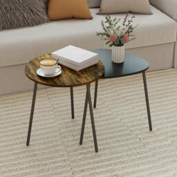 Rackhams Set of 2 Nesting Side Table with Metal Frame, Rustic Brown - Rustic brown wood-effect and matte black - Rustic brown wood-effect - Round: 45.5 cm, Triangle: 43 cm