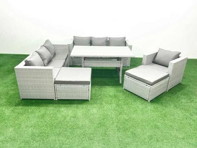 Rackhams 7 Pieces Outdoor Rattan Sofa Set with Cushions Patio Garden Furniture Sets with Armchair Dining Table 2 Big Footstools - image 1
