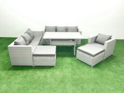 Rackhams 7 Pieces Outdoor Rattan Sofa Set with Cushions Patio Garden Furniture Sets with Armchair Dining Table 2 Big Footstools - thumbnail 2