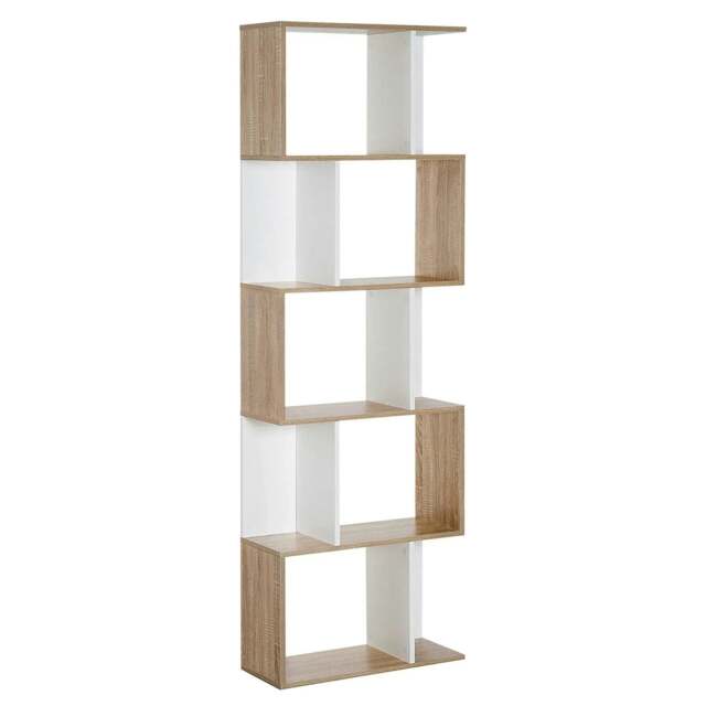 Rackhams Bookcase, S-Shaped Wooden Bookshelf, 5/6 Tiers Freestanding Storage Shelf, Home Office Decorative Display Stand Rack, Oak and White - Natural wood finish - image 1