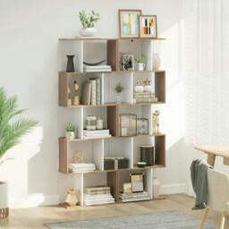 Rackhams Bookcase, S-Shaped Wooden Bookshelf, 5/6 Tiers Freestanding Storage Shelf, Home Office Decorative Display Stand Rack, Oak and White - Natural wood finish - thumbnail 4