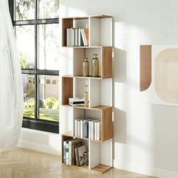 Rackhams Bookcase, S-Shaped Wooden Bookshelf, 5/6 Tiers Freestanding Storage Shelf, Home Office Decorative Display Stand Rack, Oak and White - Natural wood finish - thumbnail 2