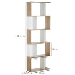 Rackhams Bookcase, S-Shaped Wooden Bookshelf, 5/6 Tiers Freestanding Storage Shelf, Home Office Decorative Display Stand Rack, Oak and White - Natural wood finish - thumbnail 3