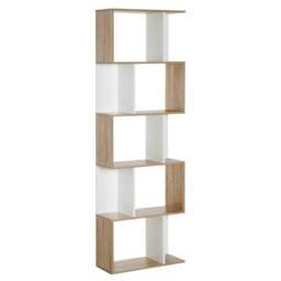 Rackhams Bookcase, S-Shaped Wooden Bookshelf, 5/6 Tiers Freestanding Storage Shelf, Home Office Decorative Display Stand Rack, Oak and White - Natural wood finish - thumbnail 1
