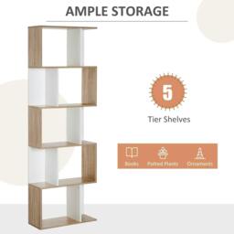 Rackhams Bookcase, S-Shaped Wooden Bookshelf, 5/6 Tiers Freestanding Storage Shelf, Home Office Decorative Display Stand Rack, Oak and White - Natural wood finish - thumbnail 5