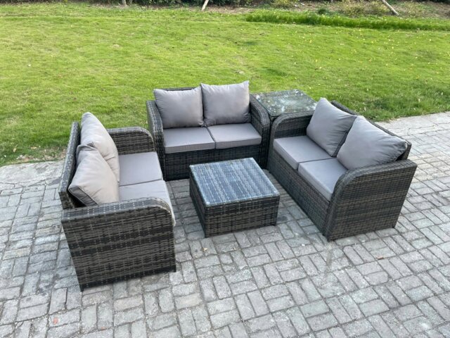 Rackhams Outdoor Garden Furniture Sets 6 Seater Wicker Rattan Furniture Sofa Sets with Square Coffee Table Love seat Sofa - Side Table - image 1