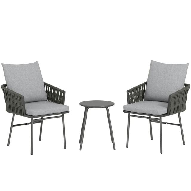 Rackhams 3-Piece Rattan Bistro Set, Garden Table and Chairs with 4 Cushions, Patio Rattan Conversation Furniture Set for Balcony, Porch, Terrace, Grey