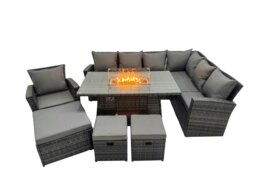 Rackhams Outdoor Furniture Garden Dining Set Rattan Corner Sofa Chair Set Gas Fire Pit Table with Temper Glass 3 Footstools Dark Grey Mixed - thumbnail 1