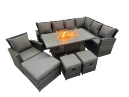 Rackhams Outdoor Furniture Garden Dining Set Rattan Corner Sofa Chair Set Gas Fire Pit Table with Temper Glass 3 Footstools Dark Grey Mixed - thumbnail 2