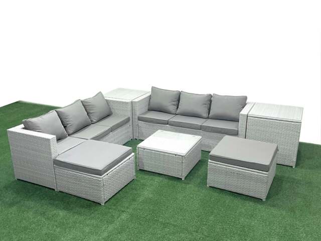 Rackhams Rattan Garden Outdoor Furniture Set 8 Seater Rattan Garden Sofa Set with 2 Big Footstools 2 Side Tables Light Grey Mixed - image 1