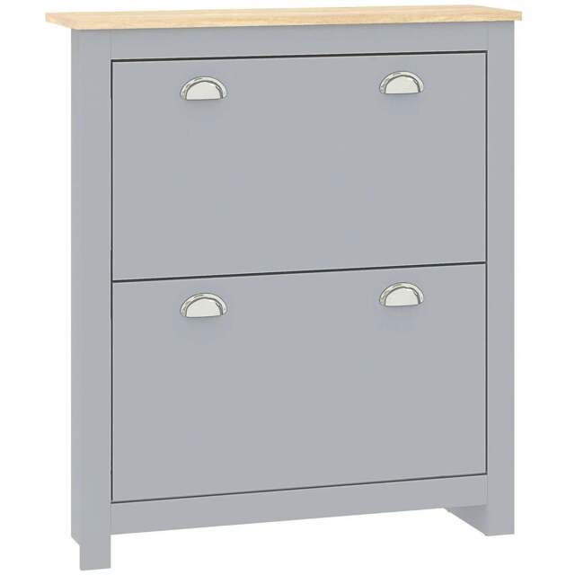 Rackhams 2 Drawer Shoe Cabinet Modern Narrow Shoe Cupboard Hallway Wooden Storage Organiser with Flip Doors Adjustable Shelf for 6-12 Pairs, Grey
