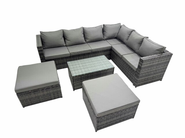 Rackhams Outdoor Sofa Oblong Coffee Table Set Rattan Garden Furniture Set with 2 Big Stools Dark Grey Mixed - image 1