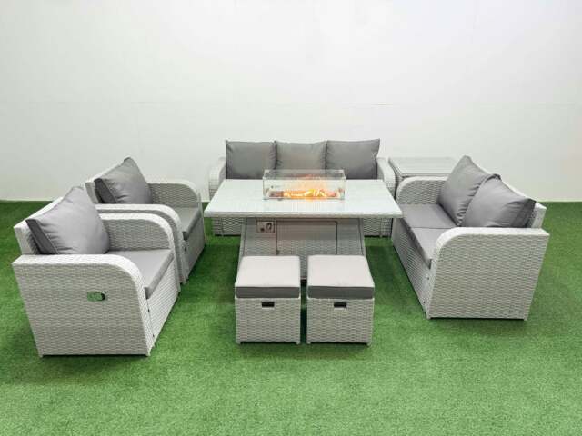 Rackhams Rattan Garden Furniture Set Reclining Chair Sofa Double Love Seat 2 Seater Sofa Lounge Set Fire Pit Dining Table 2 Stools Side Table Light Grey - image 1