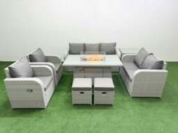 Rackhams Rattan Garden Furniture Set Reclining Chair Sofa Double Love Seat 2 Seater Sofa Lounge Set Fire Pit Dining Table 2 Stools Side Table Light Grey - thumbnail 1
