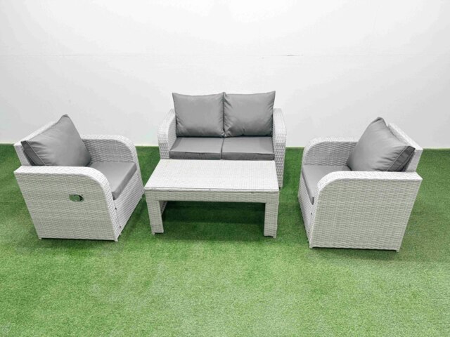 Rackhams Light Grey PE Wicker Rattan Garden Furniture Set Sofa Set Reclining Adjustable Chair Oblong Coffee Table 4 Seater - image 1