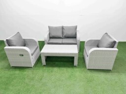 Rackhams Light Grey PE Wicker Rattan Garden Furniture Set Sofa Set Reclining Adjustable Chair Oblong Coffee Table 4 Seater - thumbnail 1