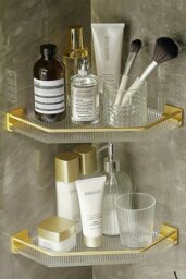 Rackhams Acrylic Bathroom Corner Shelf Adhesive Shower Organiser - Gold - thumbnail 3