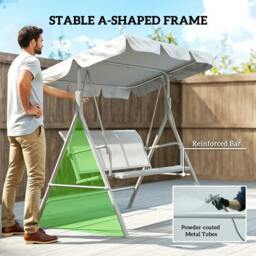Rackhams Metal Garden Swing Chair, 3-Seater Swing Seat, Patio Hammock Bench Canopy Lounger, Light Grey - thumbnail 6