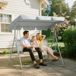 Rackhams Metal Garden Swing Chair, 3-Seater Swing Seat, Patio Hammock Bench Canopy Lounger, Light Grey - thumbnail 2