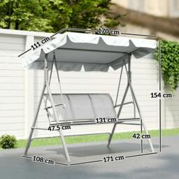 Rackhams Metal Garden Swing Chair, 3-Seater Swing Seat, Patio Hammock Bench Canopy Lounger, Light Grey - thumbnail 3