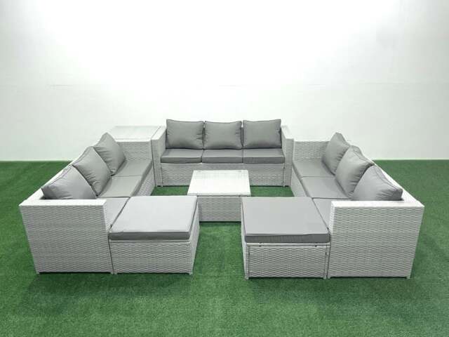 Rackhams Rattan Garden Outdoor Furniture Set 11 Seater Rattan Garden Sofa Set with 2 Big Footstools Side Table Light Grey Mixed - image 1