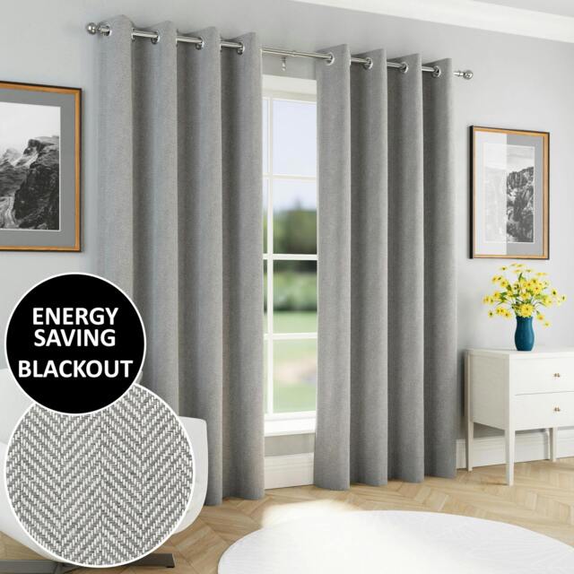 "Rackhams Grey Herringbone Jacquard Blackout Eyelet Curtains - Bedroom & Living Room - 46"" (117cm) Width x 72"" (183cm) Drop" - image 1