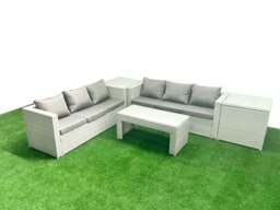 Rackhams 6 Seater Garden Outdoor Rattan Furniture Set Rattan Garden Sofa Oblong Coffee Table with 2 Side Tables Light Grey Mixed - thumbnail 1