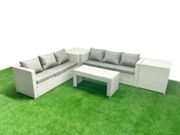 Rackhams 6 Seater Garden Outdoor Rattan Furniture Set Rattan Garden Sofa Oblong Coffee Table with 2 Side Tables Light Grey Mixed - thumbnail 2