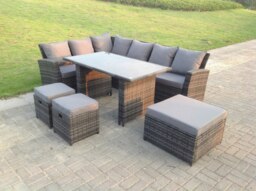 Rackhams 9 Seater High Back Rattan Garden Furniture Set Corner Sofa With Black Tempered Dining Table 3 Footstool