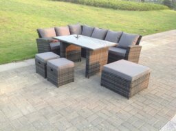 Rackhams 9 Seater High Back Rattan Garden Furniture Set Corner Sofa With Black Tempered Dining Table 3 Footstool - thumbnail 2