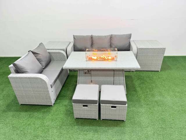 Rackhams 7 Seater PE Rattan Wicker Garden Furniture Patio Conservatory Sofa Set with Fire Pit Dining Table 3 Seater Sofa Love Sofa 2 Stools 2 Side Table - image 1