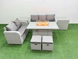 Rackhams 7 Seater PE Rattan Wicker Garden Furniture Patio Conservatory Sofa Set with Fire Pit Dining Table 3 Seater Sofa Love Sofa 2 Stools 2 Side Table - thumbnail 1