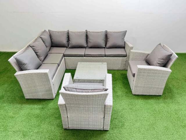 Rackhams Outdoor Rattan Garden Furniture Set 8 Seater Corner Sofa Sets with Square Coffee Table 2 Chairs Light Grey Mixed - image 1
