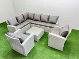 Rackhams Outdoor Rattan Garden Furniture Set 8 Seater Corner Sofa Sets with Square Coffee Table 2 Chairs Light Grey Mixed - thumbnail 2