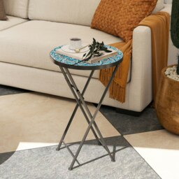 Rackhams Mosaic Garden Table, 35.5cm Folding Coffee Table, Blue - 1 - 35.5 - Multicolour - thumbnail 3