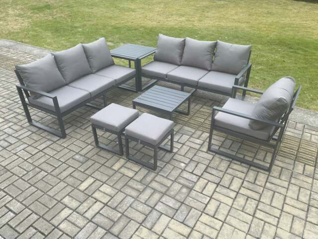 Rackhams Aluminium 9 Seater Outdoor Garden Furniture Lounge Sofa Set with Square Coffee Table Chair 2 Small Footstools Side Table Dark Grey - image 1