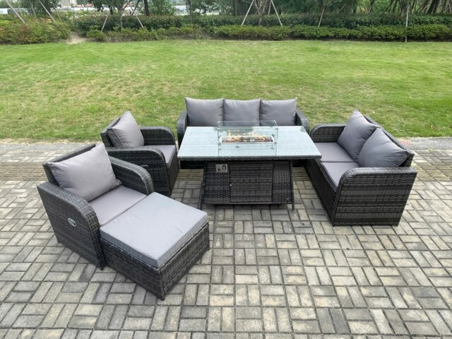 Rackhams PE Wicker Outdoor Rattan Garden Furniture Set Propane Gas Fire Pit Table and Sofa Chair set with Big Footstool - image 1