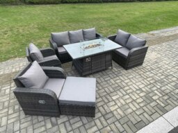 Rackhams PE Wicker Outdoor Rattan Garden Furniture Set Propane Gas Fire Pit Table and Sofa Chair set with Big Footstool - thumbnail 2