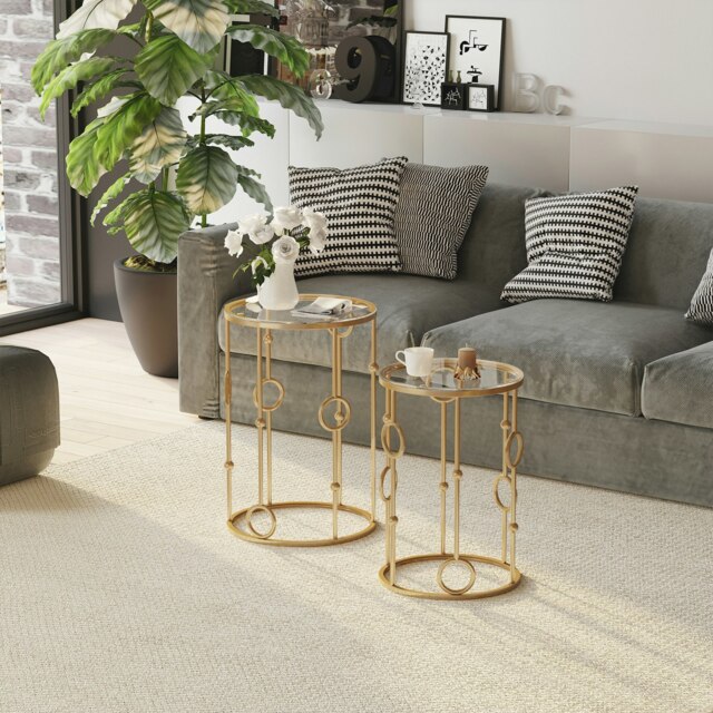 Rackhams Set of 2 Gold Nesting Coffee Table, Side Tables W/ Tempered Glass Top - image 1