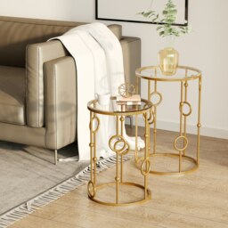 Rackhams Set of 2 Gold Nesting Coffee Table, Side Tables W/ Tempered Glass Top - thumbnail 3