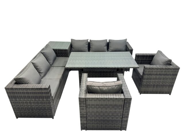 Rackhams 8 Seater Outdoor Corner Sofa Chair Dining Table Set Garden Rattan Furniture Set with Side Table Dark Grey - image 1