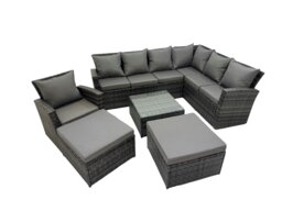 Rackhams Rattan Garden Outdoor Furniture Set 9 Seater Garden Sofa Coffee Table Sets with Chair 2 Big Footstools Dark Grey Mixed - thumbnail 2