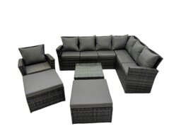 Rackhams Rattan Garden Outdoor Furniture Set 9 Seater Garden Sofa Coffee Table Sets with Chair 2 Big Footstools Dark Grey Mixed - thumbnail 1